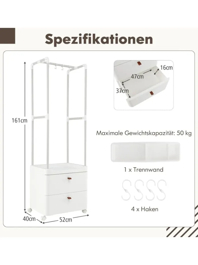 Kleiderständer mit 2 Schubladen 52 x 40 x 161 cm in Weiß
