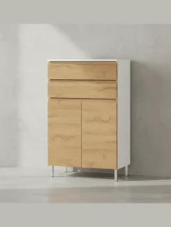 Kommode mit Schubladen, 60x34x97 cm, Badezimmerschrank, Weiß/Braun