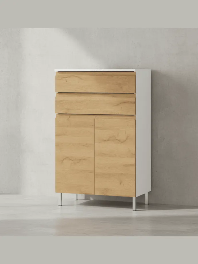 Kommode mit Schubladen, 60x34x97 cm, Badezimmerschrank, Weiß/Braun