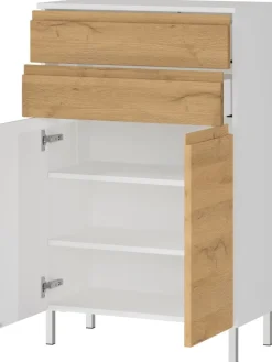 Kommode mit Schubladen, 60x34x97 cm, Badezimmerschrank, Weiß/Braun