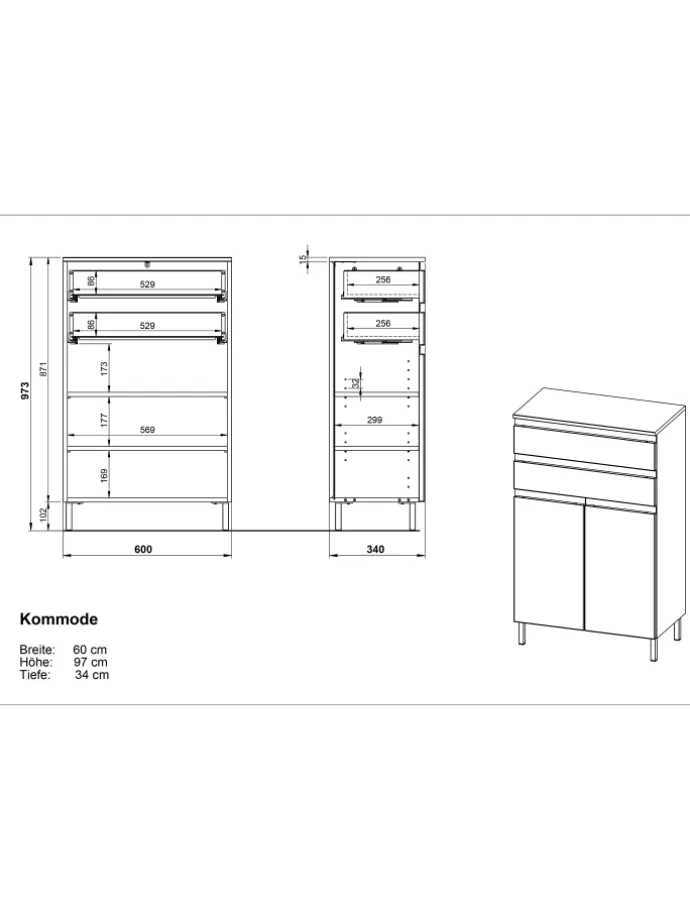 Kommode mit Schubladen, 60x34x97 cm, Badezimmerschrank, Weiß/Braun