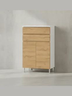 Kommode mit Schubladen, 60x34x97 cm, Badezimmerschrank, Weiß/Braun