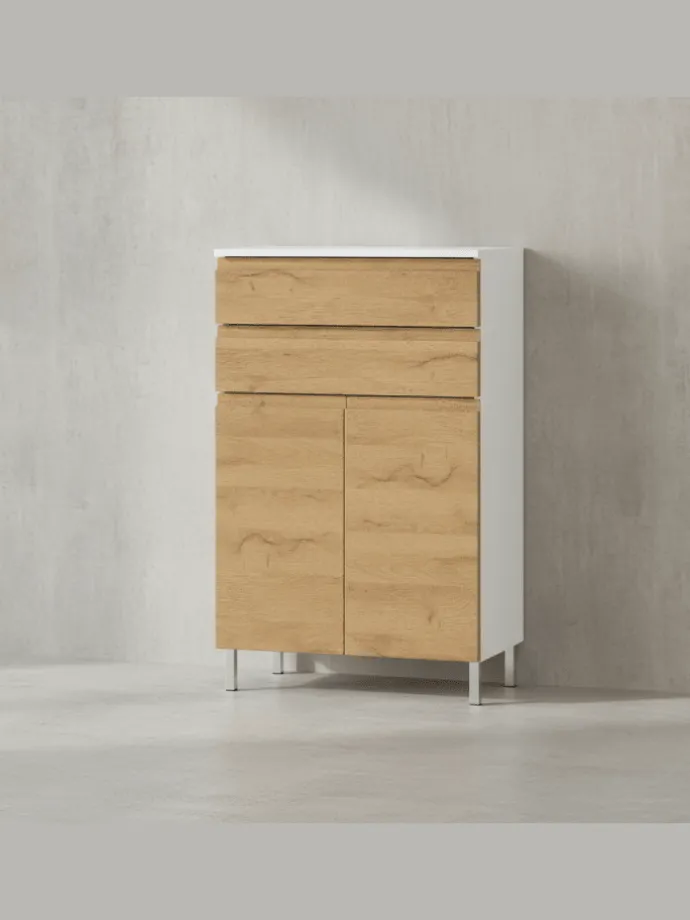 Kommode mit Schubladen, 60x34x97 cm, Badezimmerschrank, Weiß/Braun