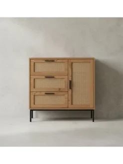 Kommode 80x82x36 cm Flurkommode Eiche-Dekor & Rattan, Sideboard mit