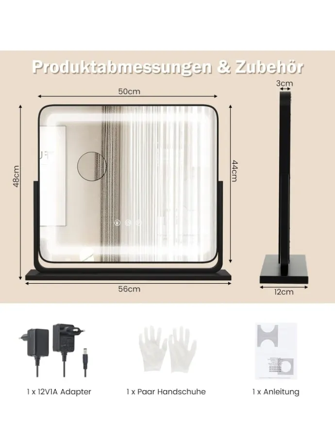 Kosmetikspiegel mit 3 Lichtfarben in Schwarz
