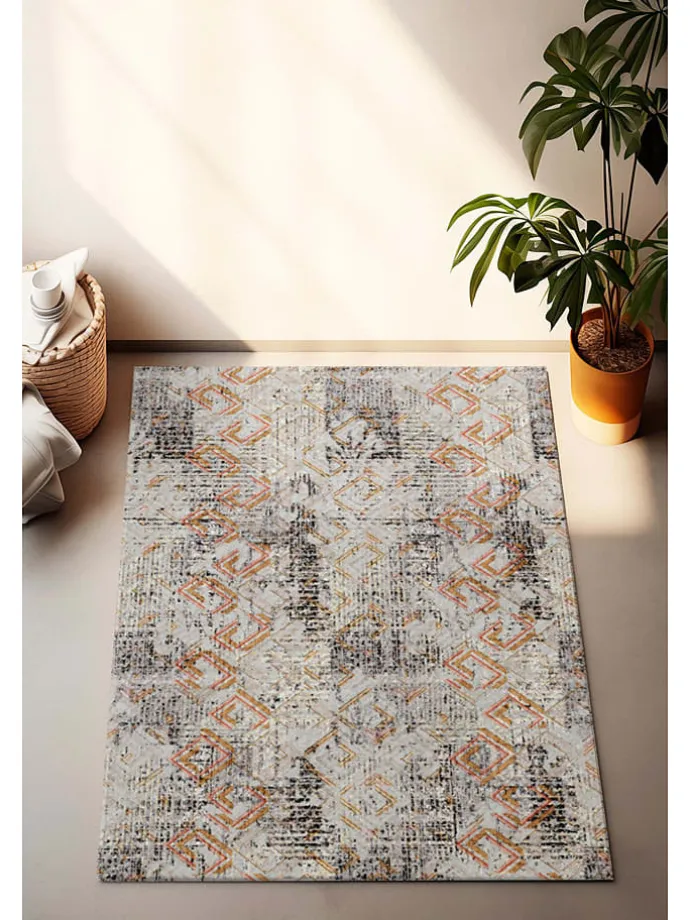 Kurzflor-Teppich in Creme/ Schwarz/ Orange