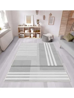 Kurzflor-Teppich in Grau/ Weiß