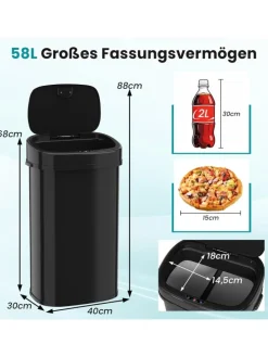 58L Mülleimer Küche mit Sensor in Schwarz