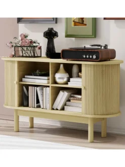 Lamellen Schrank Sideboard mit Schiebetüren und Kiefernholzbeinen in Naturholz