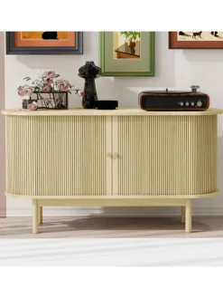 Lamellen Schrank Sideboard mit Schiebetüren und Kiefernholzbeinen in Naturholz