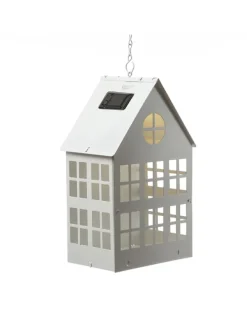 LED Solar Haus Lichthaus DIY Deko Laterne Metall H: 28cm Lichtsensor in weiß
