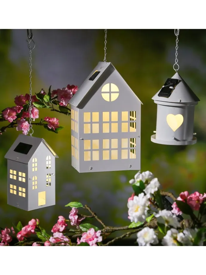 LED Solar Haus Lichthaus DIY Deko Laterne Metall H: 28cm Lichtsensor in weiß