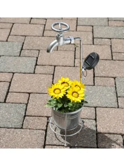 LED Solar Wasserhahn mit Blumentopf Gartendeko H: 60cm silber