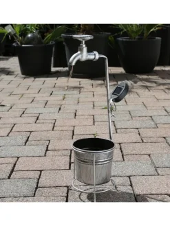 LED Solar Wasserhahn mit Blumentopf Gartendeko H: 60cm silber