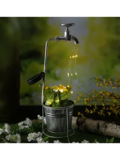 LED Solar Wasserhahn mit Blumentopf Gartendeko H: 60cm silber
