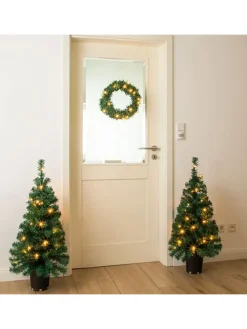 LED Weihnachtsset für Haustür Kranz und 2 Tannenbäume beleuchtet in grün