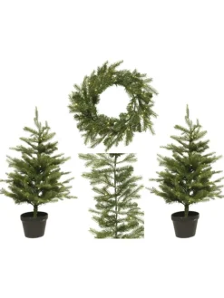 LED Weihnachtsset für Haustür Kranz Girlande 2 Tannenbäume beleuchtet