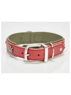 Leder-Halsband "Edelweiss" in Rot/ Grün