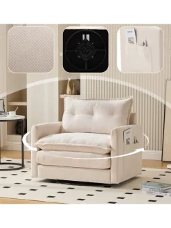 Loungesessel in Beige 360° drehbar mit Armlehnen und Kissen