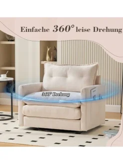 Loungesessel in Beige 360° drehbar mit Armlehnen und Kissen