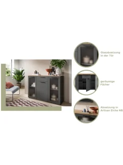 Lowboard (B/H/T): 185x52x40 cm in Basalt grau, Artisan Eiche und Glas