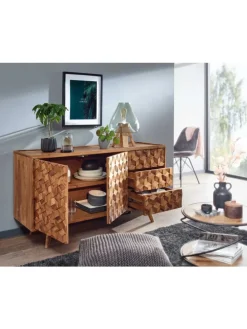 Massivholz-Sideboard in Sheesham, Türen & Schubladen, 138x76x45 cm