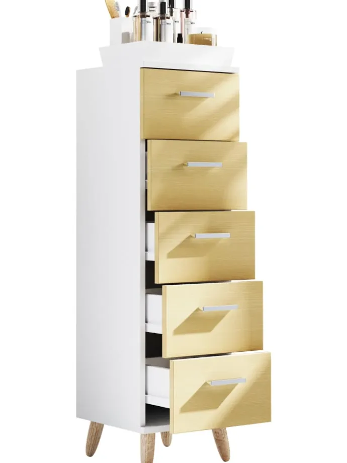 Midischrank Badmöbel Kommode Schubladen Landos M in Weiß / Honig-Eiche