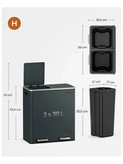Mülleimer in Schwarz - (B)59 x (H)62,4 x (T)36,5 cm