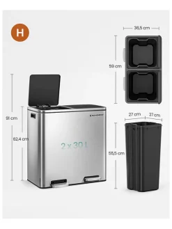 Mülleimer in Silber - (B)59 x (H)62,4 x (T)36,5 cm