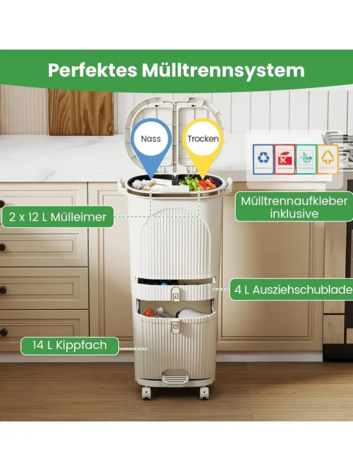 Mülleimer Küche 3 Fächer 2 x 12L & 14L in Beige