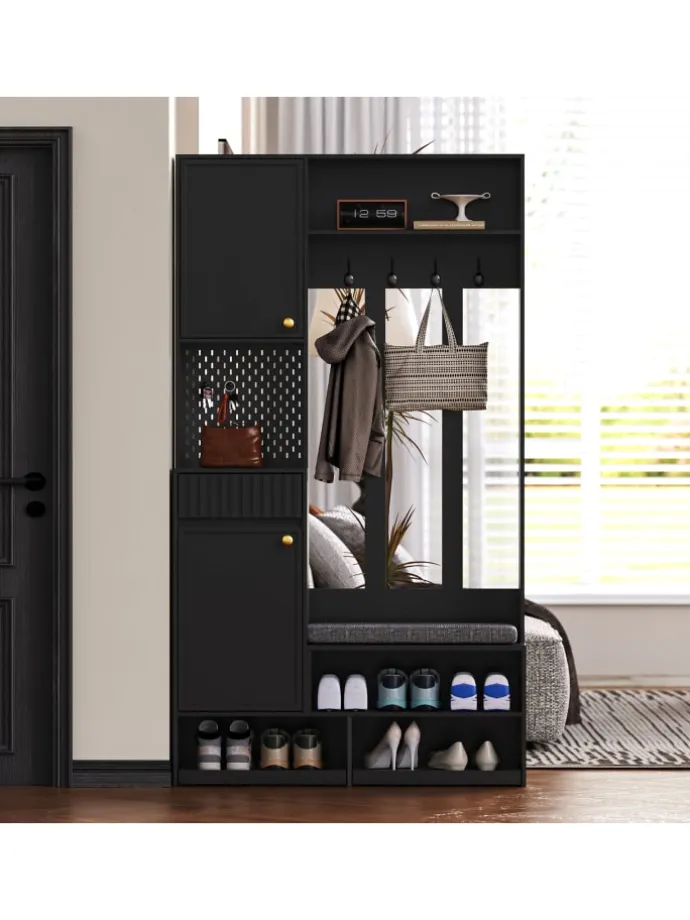 Multifunktionale Schuhschrank mit Bank und Stauraum in Schwarz