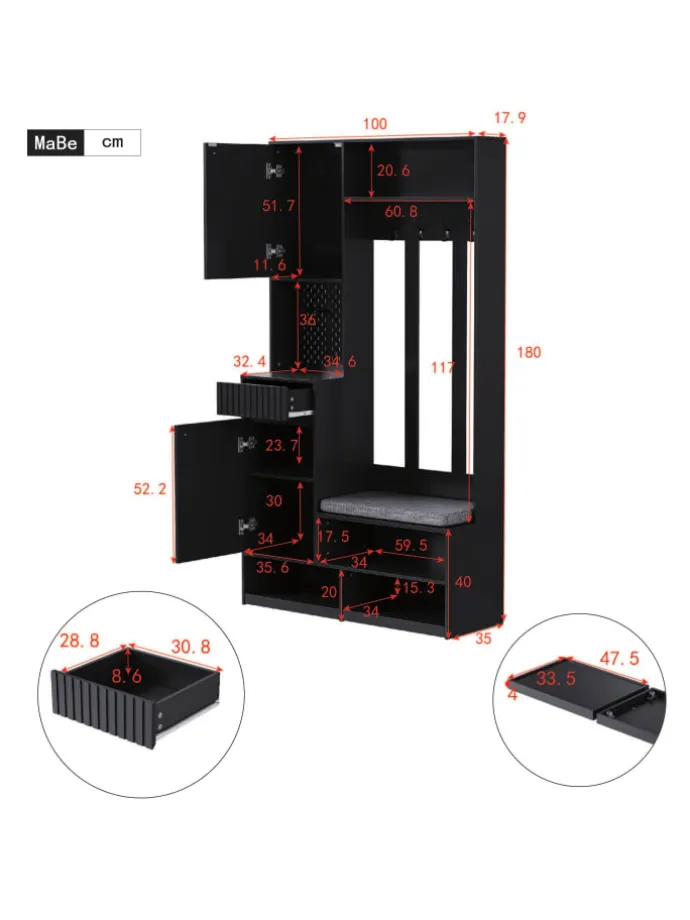 Multifunktionale Schuhschrank mit Bank und Stauraum in Schwarz