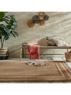 Outdoor Teppich Boho Streifen Bordüre, Balkon schmutzabweisend in Ocker