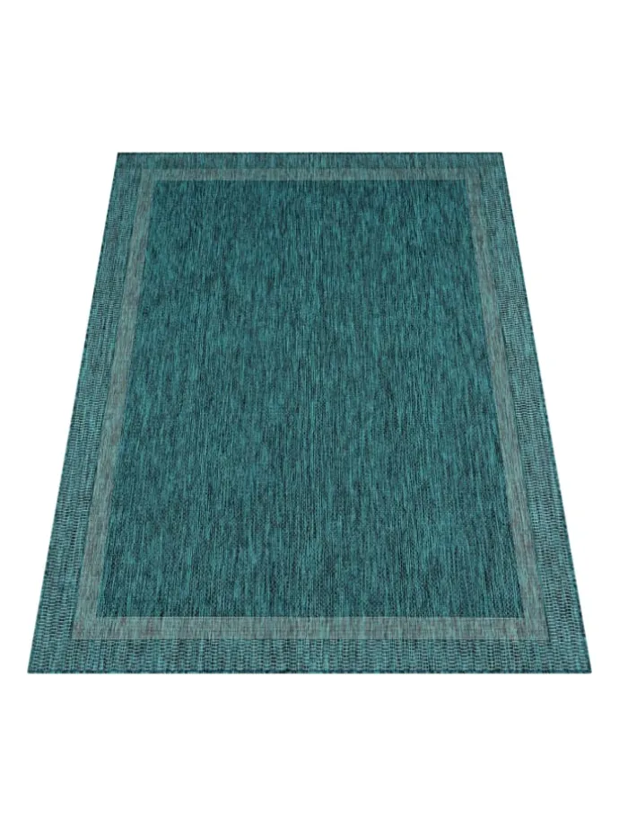 Outdoor Teppich Unifarben mit Bordüre Balkon, Terrasse in Türkis