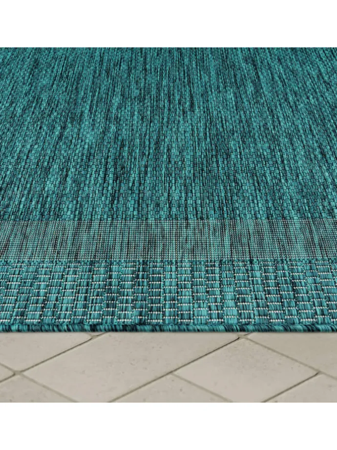 Outdoor Teppich Unifarben mit Bordüre Balkon, Terrasse in Türkis