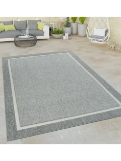 Outdoor Teppich Unifarben Bordüre Balkon, Terrasse schmutzabweisend in Grau