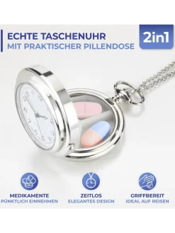 Pillendose-Taschenuhr in Silber - (L)84,5 cm