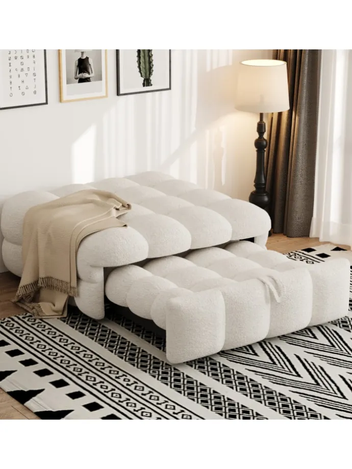 Polsterbett in Beige mit ausziehbarer Schlaffunktion und Teddy-Stoff