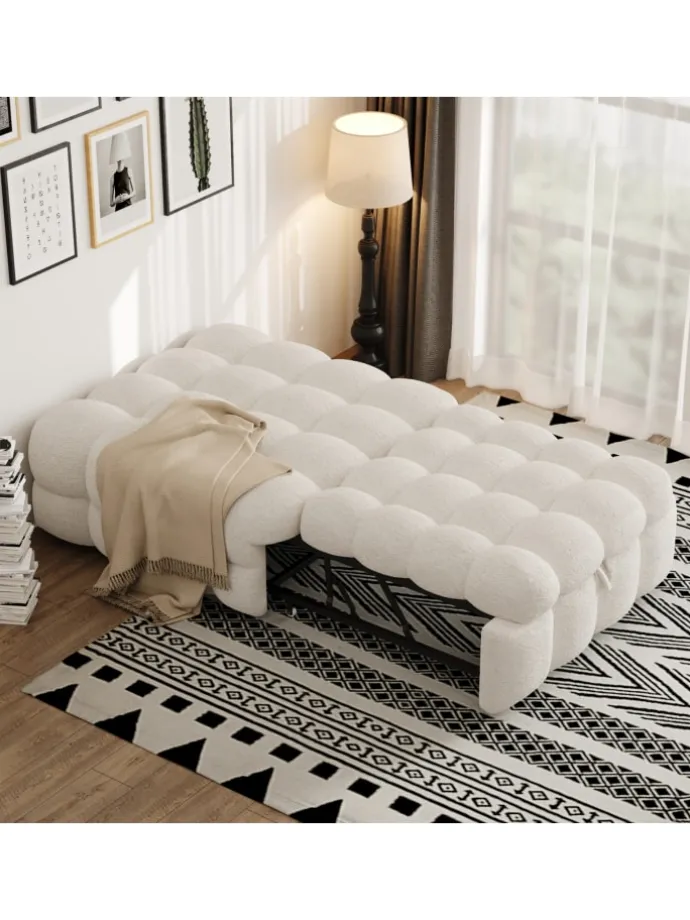 Polsterbett in Beige mit ausziehbarer Schlaffunktion und Teddy-Stoff