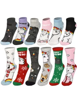 Pummeleinhorn Socken Adventskalender mit 12 Paar kurz und lang in Mehrfarbig