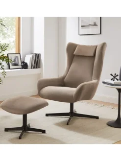 Relaxsessel und Hocker mit Drehfunktion Metallgestell und Cord-Optik in Braun