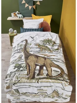 Renforcé-Bettwäsche-Set "Dinosaurs" in Weiß/ Beige