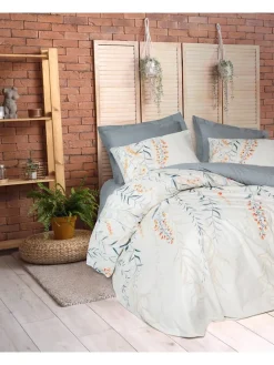 Renforcé-Bettwäsche-Set "Hiedra" in Weiß/ Hellblau