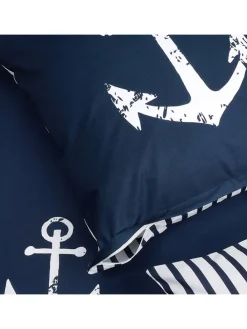 Renforcé-Bettwäsche-Set in Dunkelblau/ Weiß