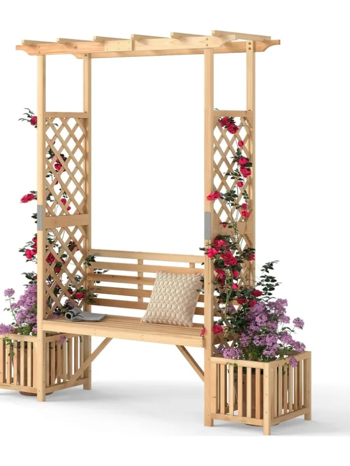 Rosenbogen mit Bank in Hellbraun