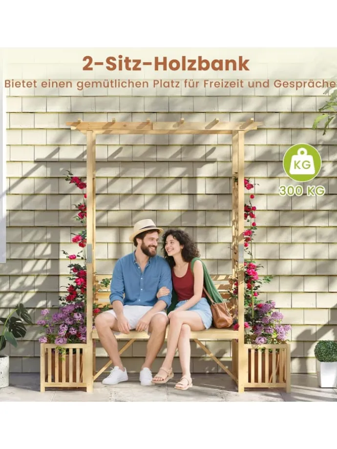 Rosenbogen mit Bank in Hellbraun