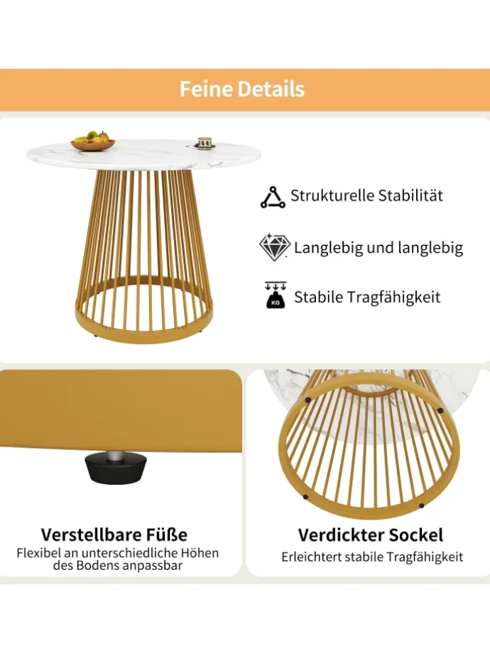 Runder Esstisch in Gold 80x80x76 cm mit Metallbeinen