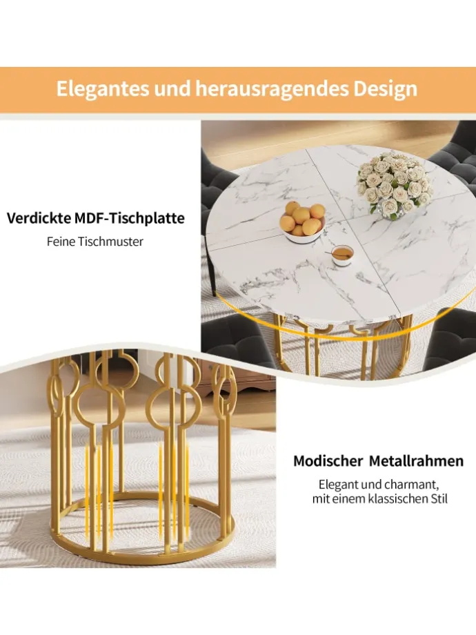 Runder Esstisch in Marmoroptik 100x100x76 cm mit goldenen Metallbeinen