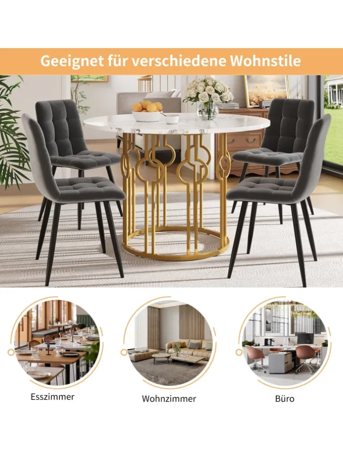 Runder Esstisch in Marmoroptik 100x100x76 cm mit goldenen Metallbeinen