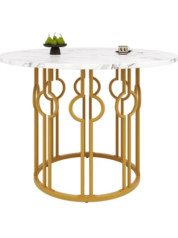 Runder Esstisch in Marmoroptik 100x100x76 cm mit goldenen Metallbeinen